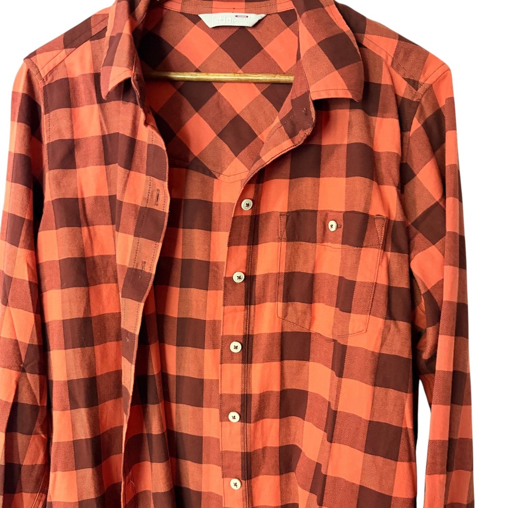 Stio Flannel Shirt XL Light Gorp Orange Plaid Organic Cotton Western Button Up - Picture 2 of 6